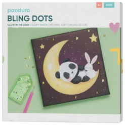 Bling Dots, diamond painting 6+ år, panda på självlysande måne, tavla 20×20 cm
