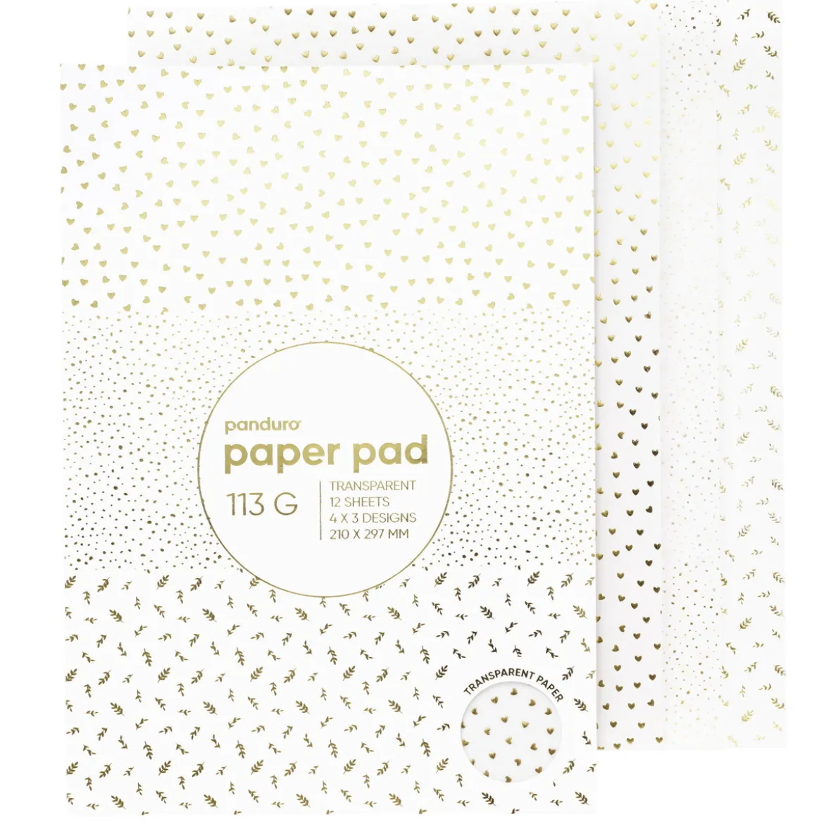 Block med designark A4, 12 transparenta ark med detaljer i guldmetallic, 113 g/m²