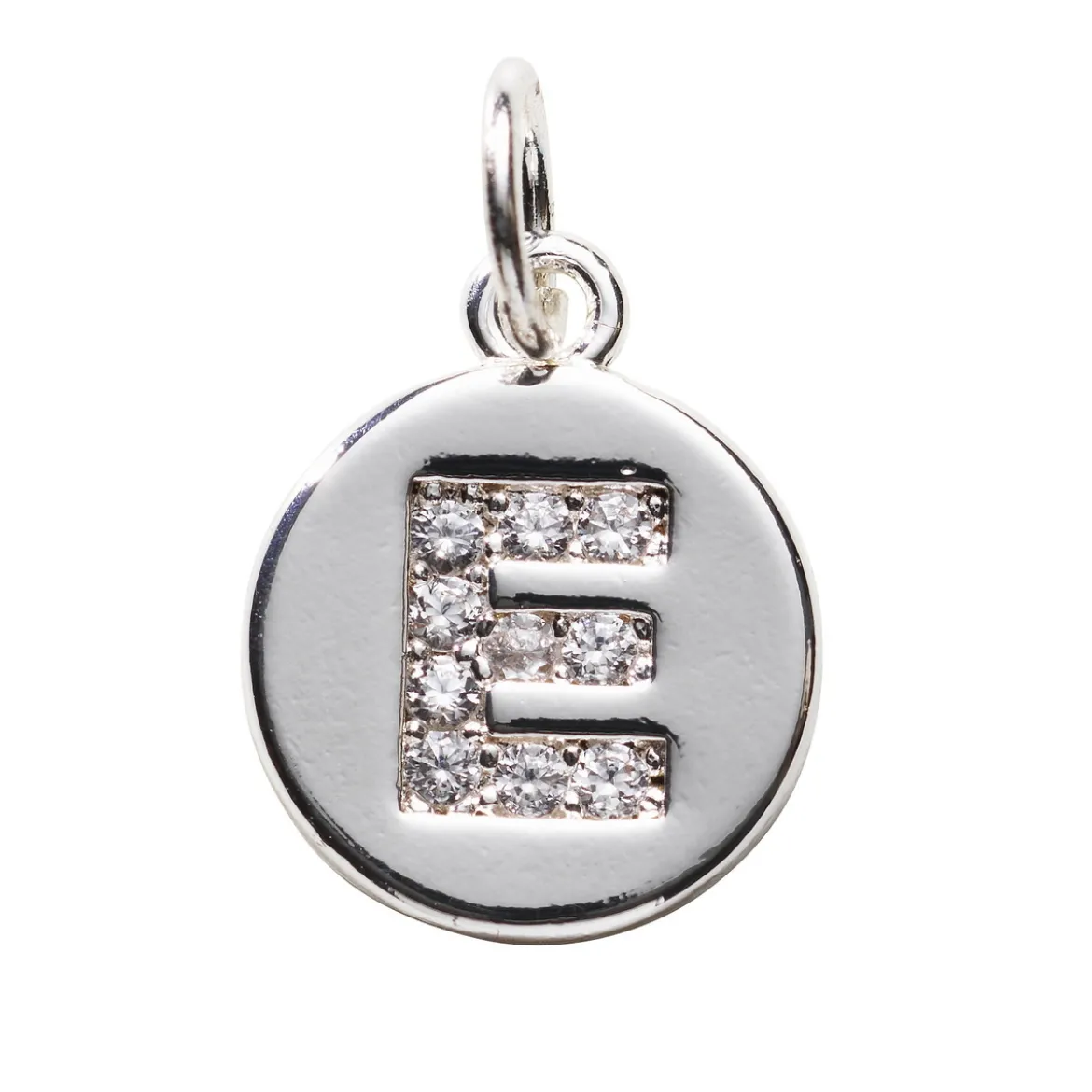 Bokstavshänge cirkel strass E – Ø12 mm, mässing pläterat med 925 sterling silver