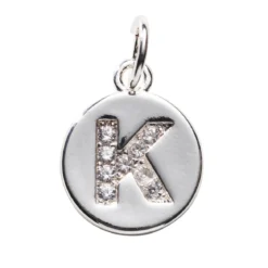 Bokstavshänge cirkel strass K – Ø12 mm, mässing pläterat med 925 sterling silver