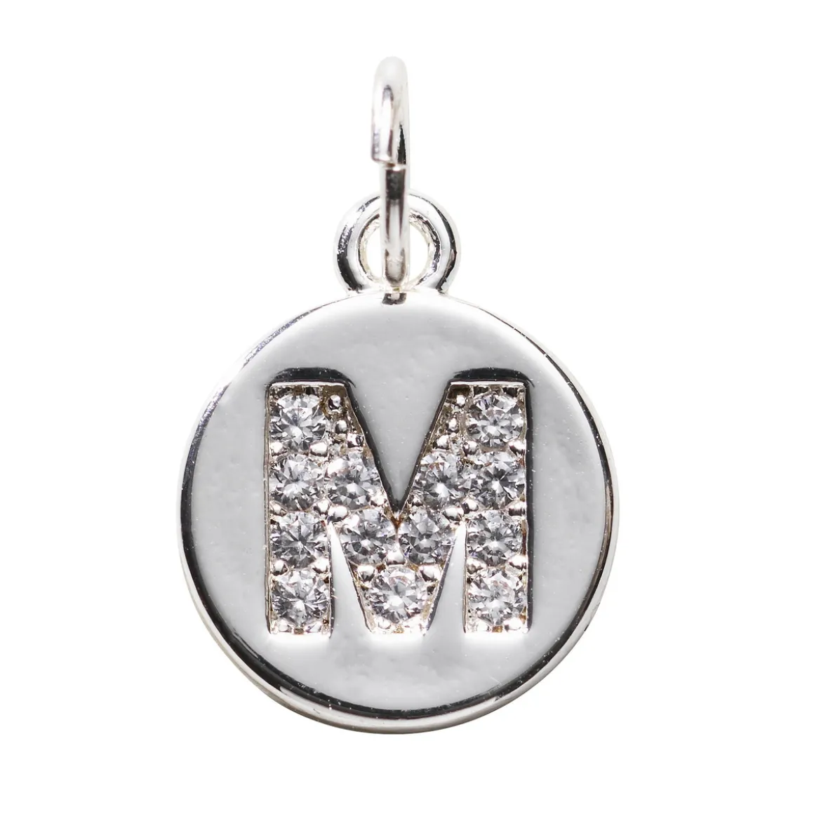 Bokstavshänge cirkel strass M – Ø12 mm, mässing pläterat med 925 sterling silver