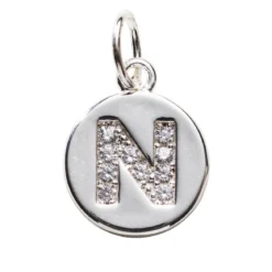Bokstavshänge cirkel strass N – Ø12 mm, mässing pläterat med 925 sterling silver