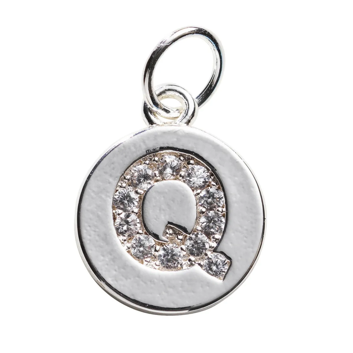 Bokstavshänge cirkel strass Q – Ø12 mm, mässing pläterat med 925 sterling silver