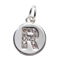 Bokstavshänge cirkel strass R – Ø12 mm, mässing pläterat med 925 sterling silver