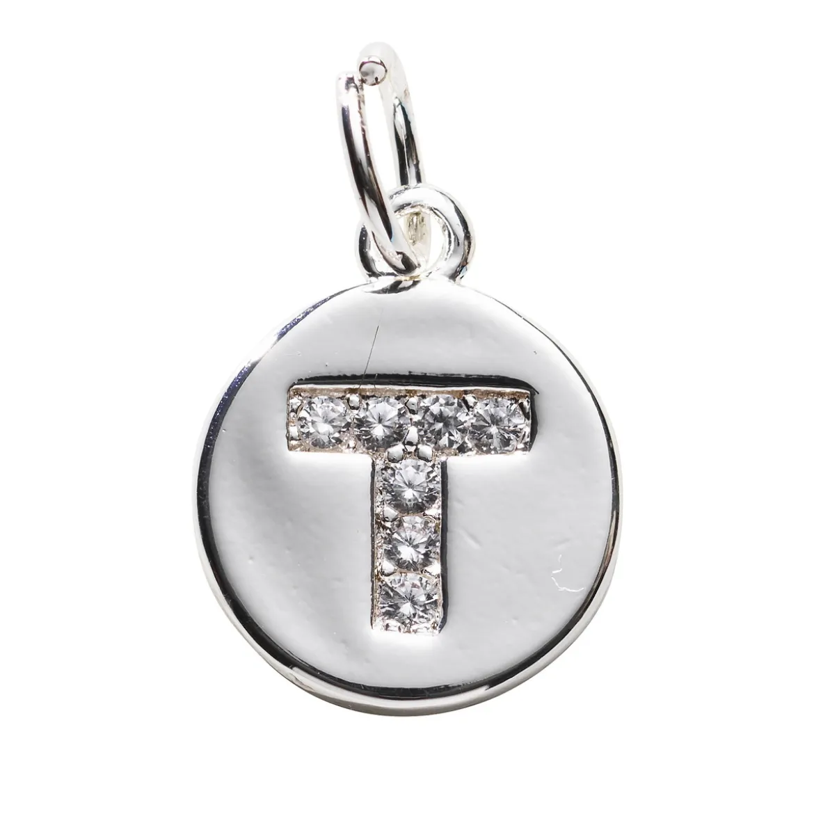 Bokstavshänge cirkel strass T – Ø12 mm, mässing pläterat med 925 sterling silver