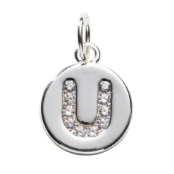 Bokstavshänge cirkel strass U – Ø12 mm, mässing pläterat med 925 sterling silver