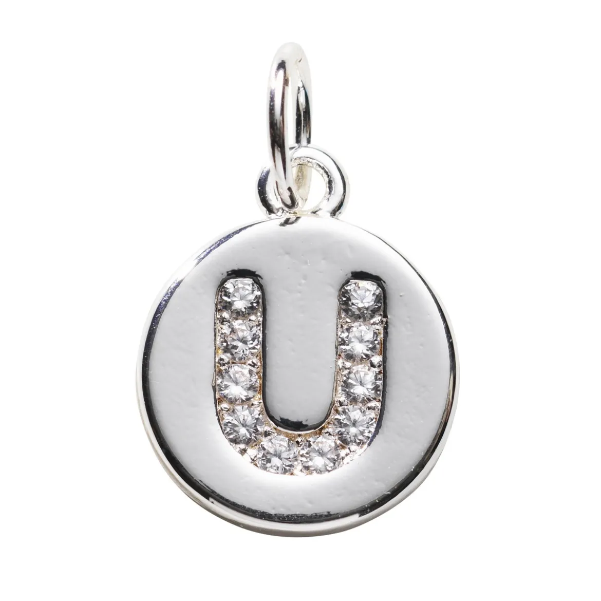 Bokstavshänge cirkel strass U – Ø12 mm, mässing pläterat med 925 sterling silver