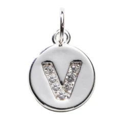 Bokstavshänge cirkel strass V – Ø12 mm, mässing pläterat med 925 sterling silver
