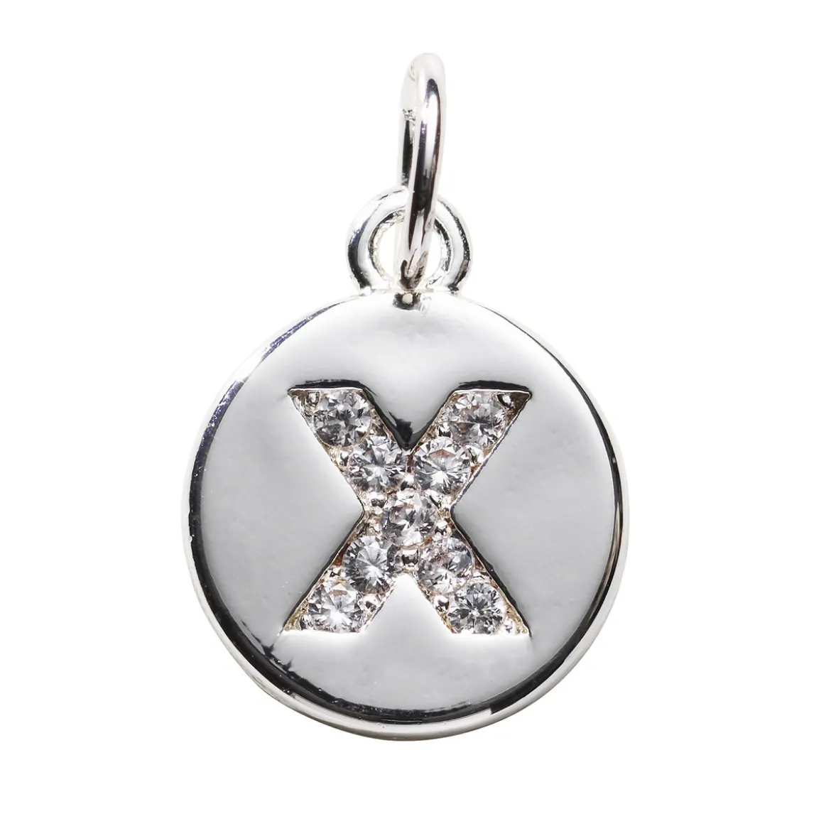 Bokstavshänge cirkel strass X – Ø12 mm, mässing pläterat med 925 sterling silver