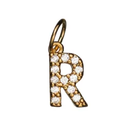 Bokstavshänge med strass R – längd 7 mm, mässing, pläterat med 9 karat guld