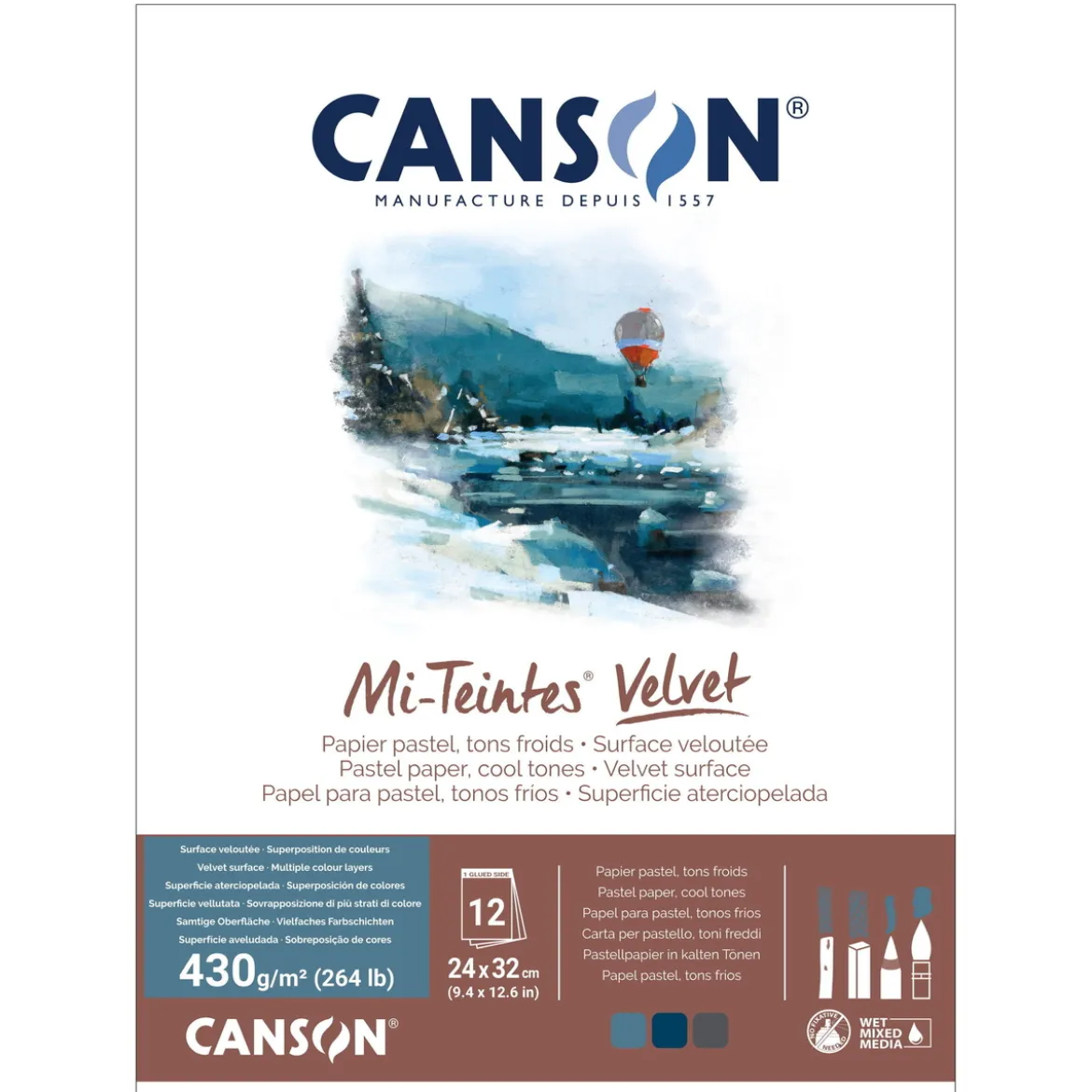 Canson Mi-Teintes Velvet pastellblock Cool Tones, 24×32 cm, 12 ark, 430 g/m²