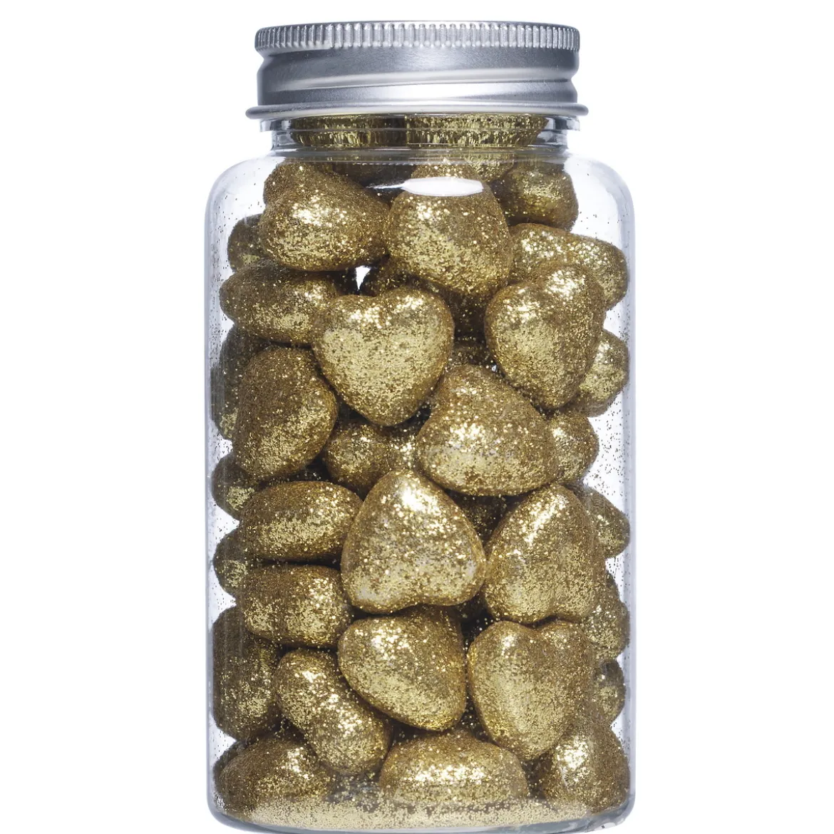 Ca 60 st. guldiga gnistrande glitterhjärtan – 2×1 cm