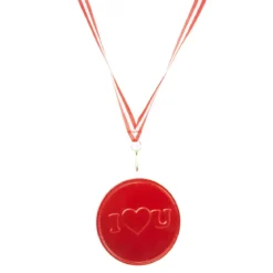 Chokladmedalj I love you med medaljband. Mjölkchoklad. Ø7,5 cm. Vikt 23 gram