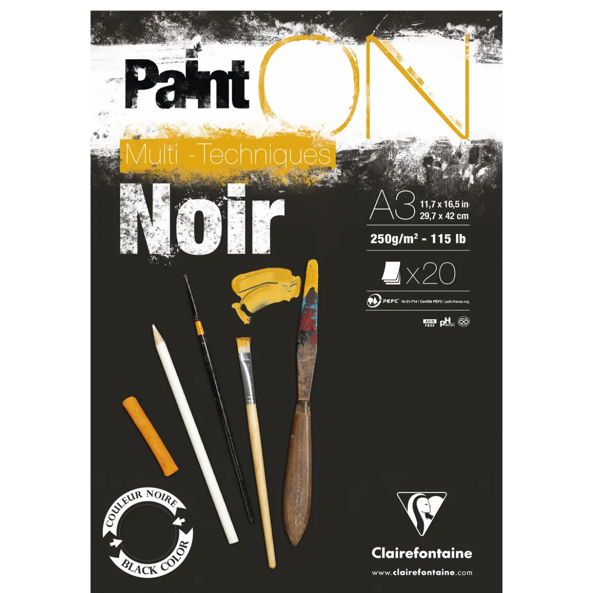 Clairefontaine Paint ON Multi Techniques block A3 (297×420 mm), 20 svarta ark, 250 g/m²