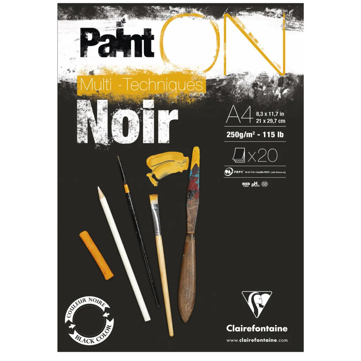 Clairefontaine Paint ON Multi Techniques block A4 (210×297 mm), 20 svarta ark, 250 g/m²