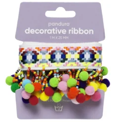 Dekorband med pärlor & pompoms 1 m långt, 25 mm brett