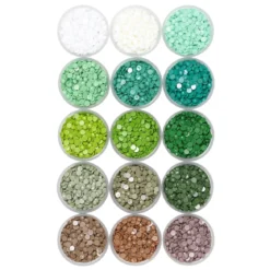 Diamond Painting refill – 15 påsar à 5–6 gram med färger i ljusa och gröna nyanser