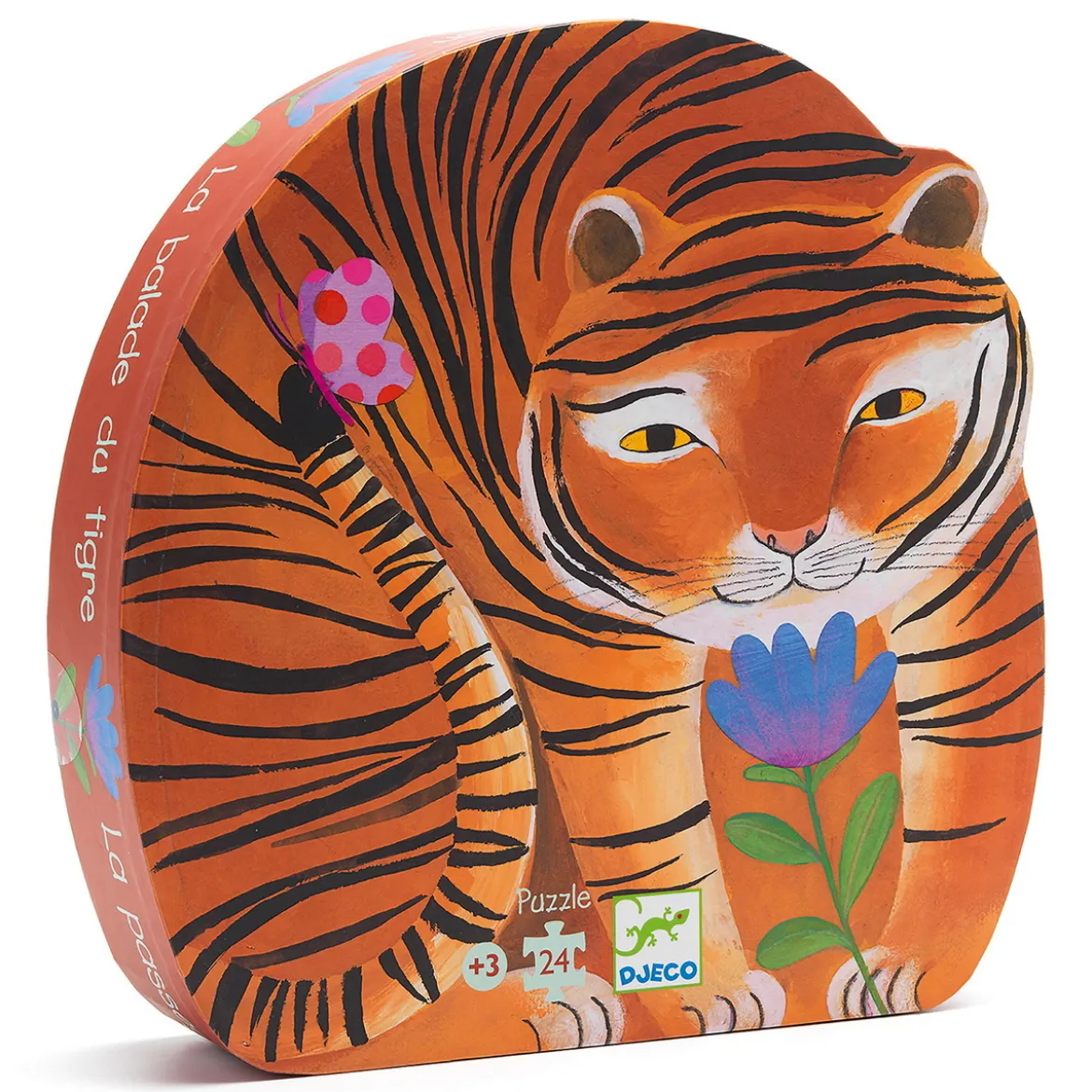 Djeco pussel Tigers Walk, barnpussel med tigermotiv och tiger-ask! 24 stora bitar, 42×30 cm