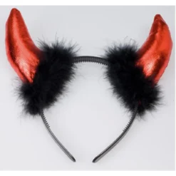 Djävulshorn på diadem – Ø14 cm med 9 cm långa röda metallic-horn
