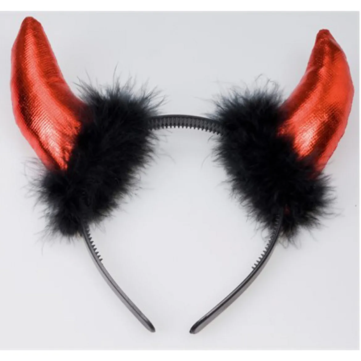 Djävulshorn på diadem – Ø14 cm med 9 cm långa röda metallic-horn