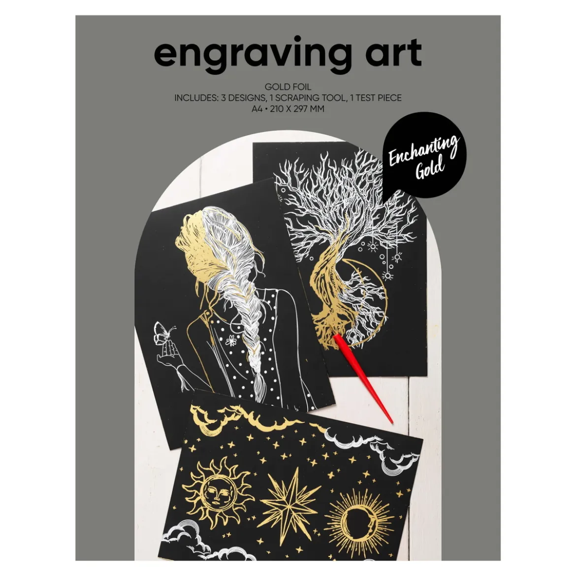 Engraving art Enchanting Gold – scratch art med 3 st. A4-ark, guldiga motiv