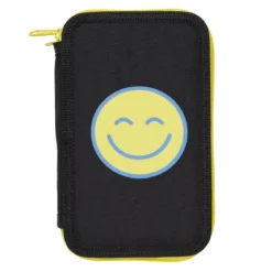 Ett glatt smiley-pennskrin fyllt färgpennor, tuschpennor och tillbehör