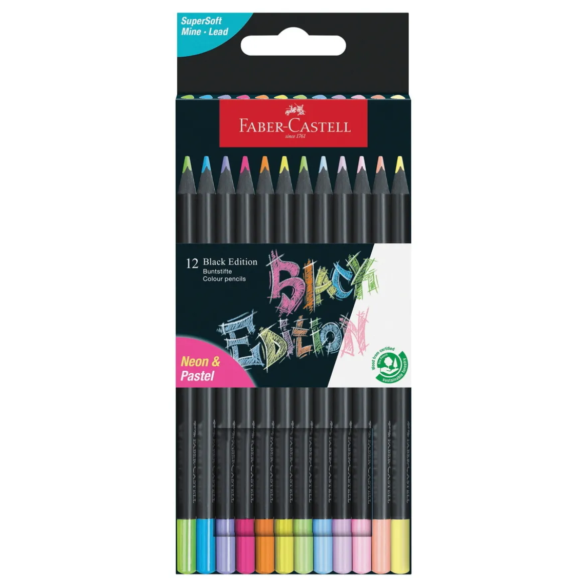 Faber-Castell Black Edition Neon & Pastel vaxbaserade färgpennor 12-pack