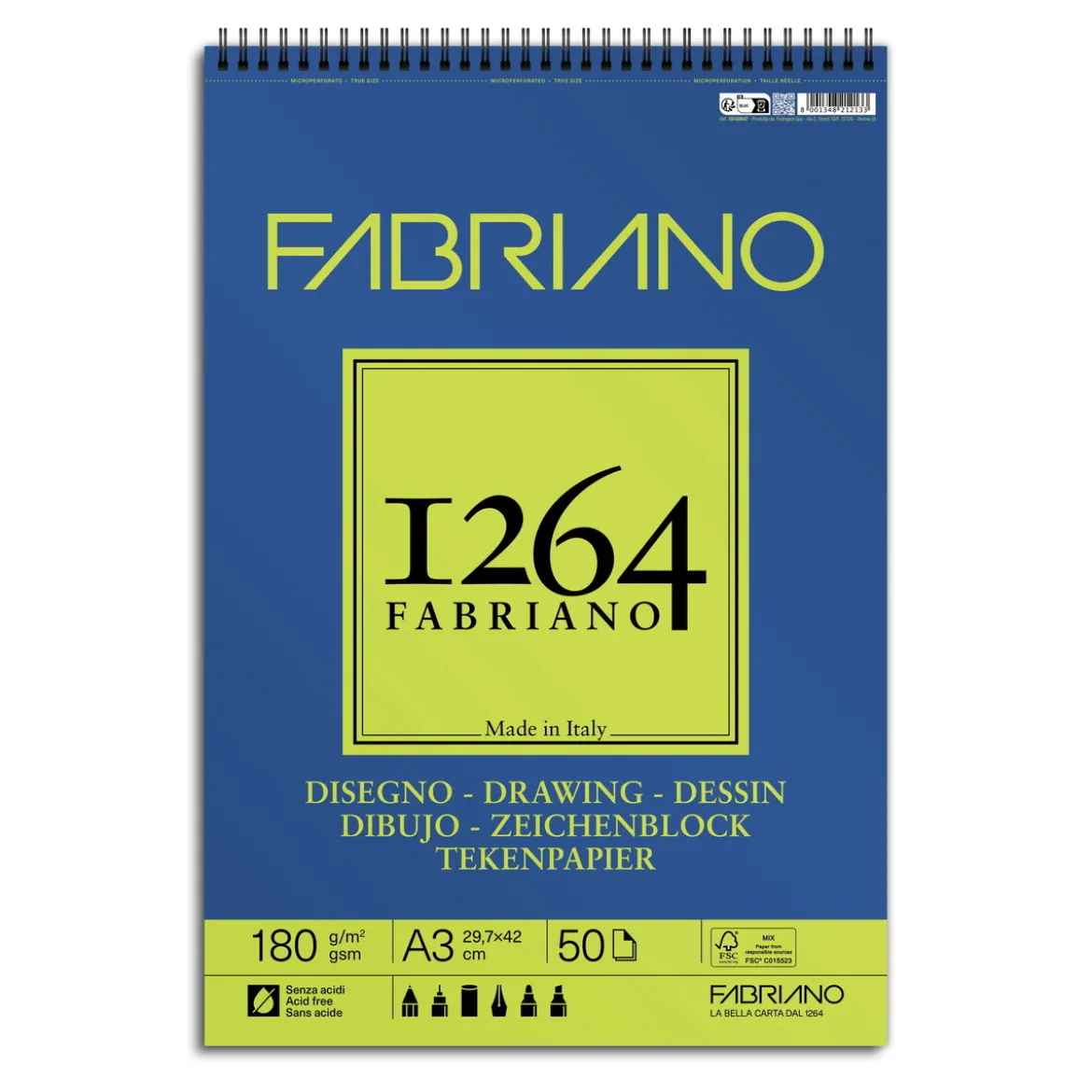 Fabriano ritblock, spiralbundet, F-1264 A3 (297×420 mm), 50 ark, 180 g/m²