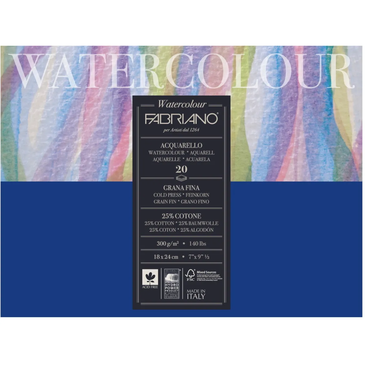 Fabriano Watercolour akvarellblock GF 18×24 cm, 20 ark, 300 g/m²