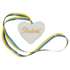 Fluffigt hjärta med ”Student” broderat i guld, Ø10 cm, med band