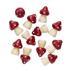 Flugsvampar av trä med målad hatt, 12-pack. Höjd 30 mm, hatt Ø20 mm