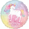 Folieballong Ø45 cm – enhörning med texten Birthday wishes