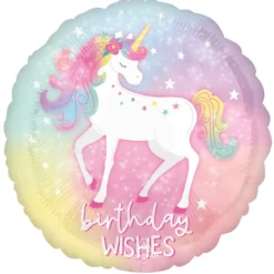 Folieballong Ø45 cm – enhörning med texten Birthday wishes