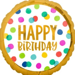 Folieballong Ø45 cm – färgglada prickar med texten Happy birthday