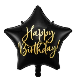 Folieballong Ø45 cm – svart stjärna med texten Happy birthday