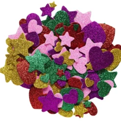 Funky Foam Stjärnor & hjärtan med glitter, 150 bitar självhäftande dekorgummi, Ø20–25 mm