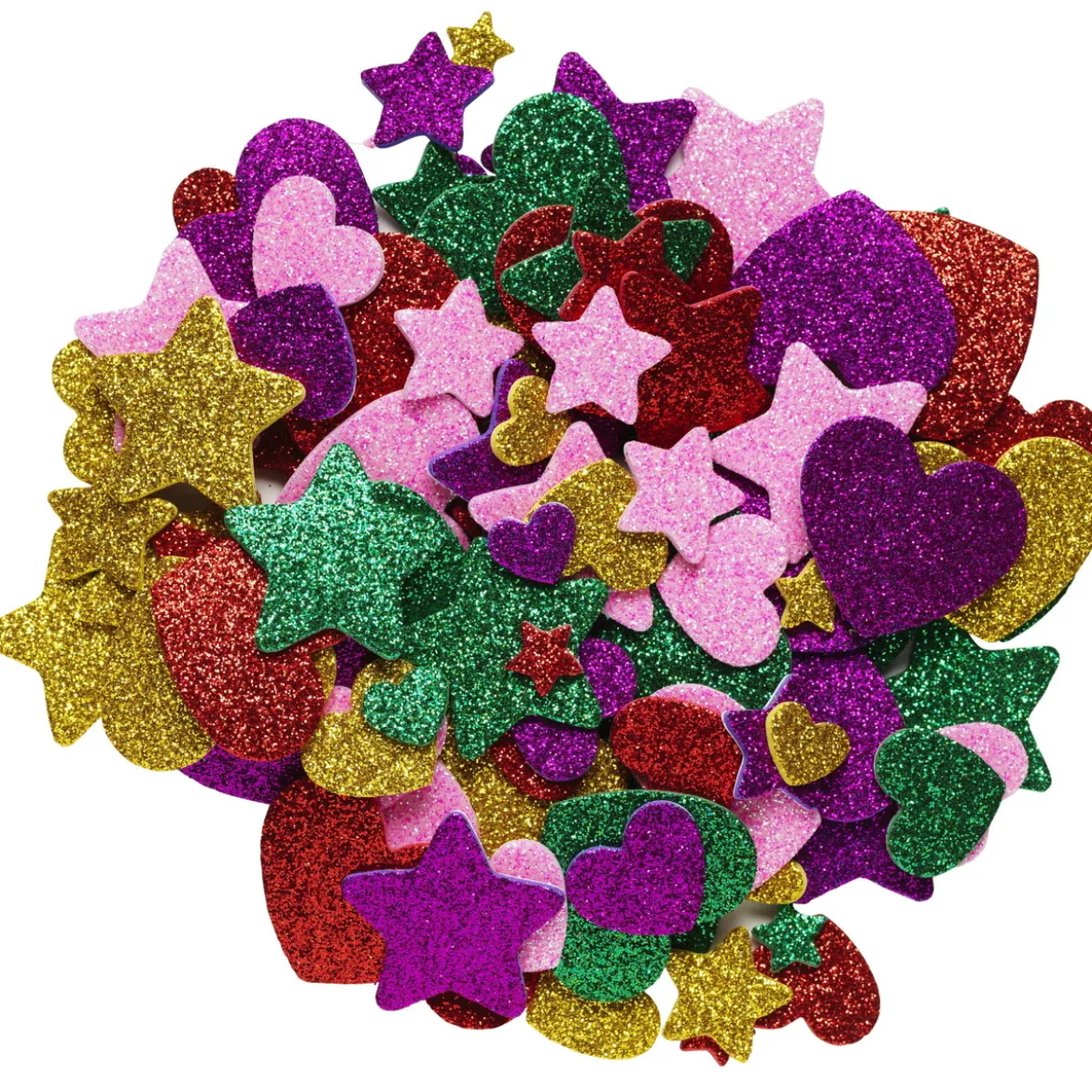 Funky Foam Stjärnor & hjärtan med glitter, 150 bitar självhäftande dekorgummi, Ø20–25 mm