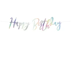 Girlang med "Happy Birthday" i iriserande färg – 62×16,5 cm text på 200 cm snöre