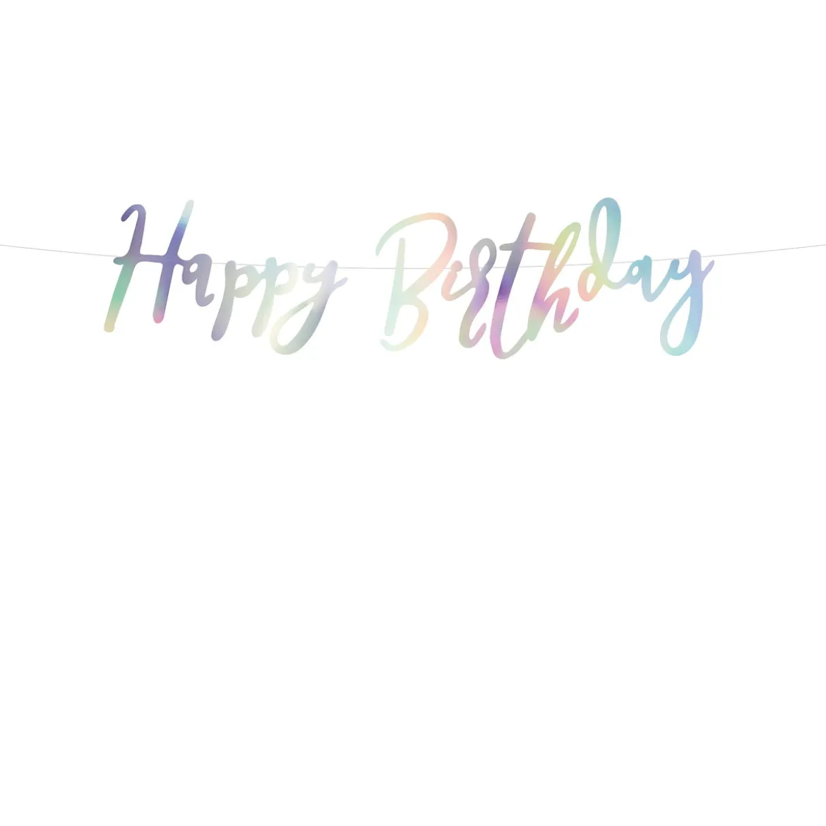 Girlang med "Happy Birthday" i iriserande färg – 62×16,5 cm text på 200 cm snöre