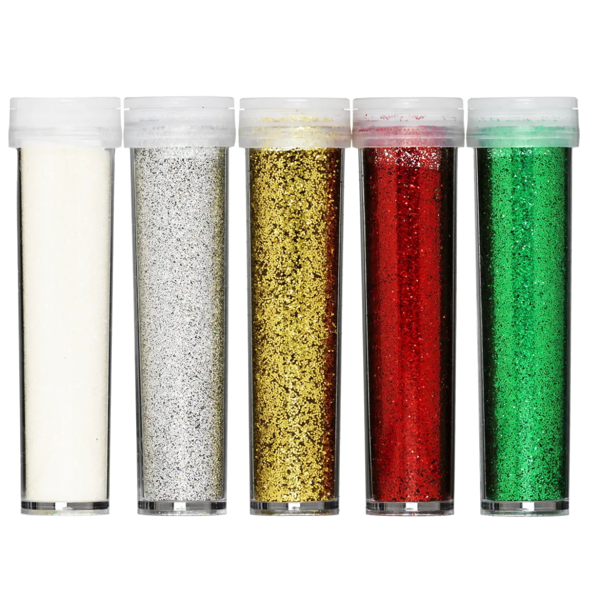 Glitter tillverkat av mer än 90% cellulosa, 5-pack à 7 gram i basfärger