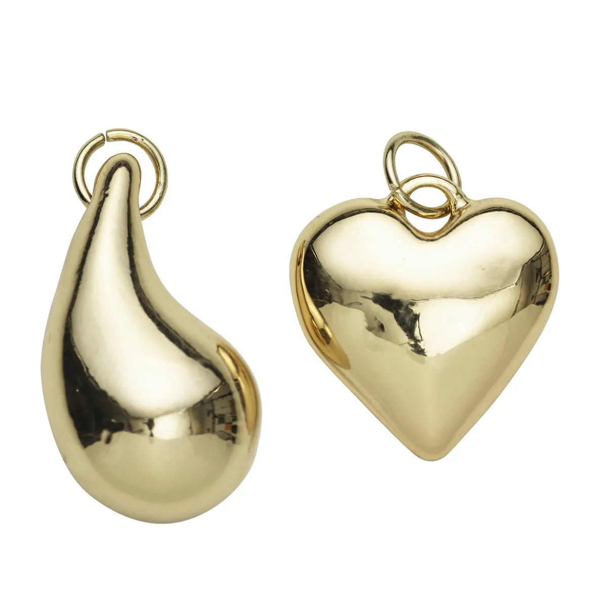 2 guldfärgade & chunky hängen charms, massiv metall – hjärta Ø22 mm, droppe L. 30 mm