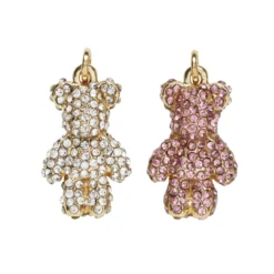 2 guldfärgade hängen charms, björnar med rosa & transparent strass, 2,5×1,3×0,5 cm