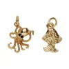 2 guldfärgade hängen charms, bläckfisk med svarta ögon 15,5×12 mm, fisk 10×14 mm