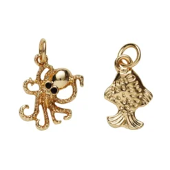 2 guldfärgade hängen charms, bläckfisk med svarta ögon 15,5×12 mm, fisk 10×14 mm