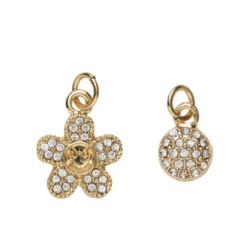 2 guldfärgade hängen charms, blomma med strass 12×15 mm, cirkel strass Ø8 mm