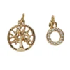 2 guldfärgade hängen charms, cirkel med strass Ø8 mm, träd Ø13 mm