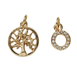 2 guldfärgade hängen charms, cirkel med strass Ø8 mm, träd Ø13 mm