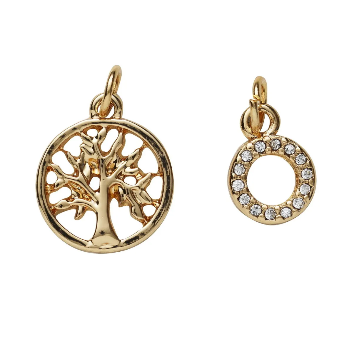 2 guldfärgade hängen charms, cirkel med strass Ø8 mm, träd Ø13 mm