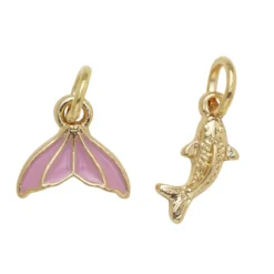 Guldfärgade hängen charms, fisk med strass 6×12 mm, rosa sjöjungfru fena 12×8 mm