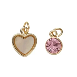 2 guldfärgade hängen charms, hjärta pärlemorlook 11,4×12,3 mm, cirkel strass Ø10 mm